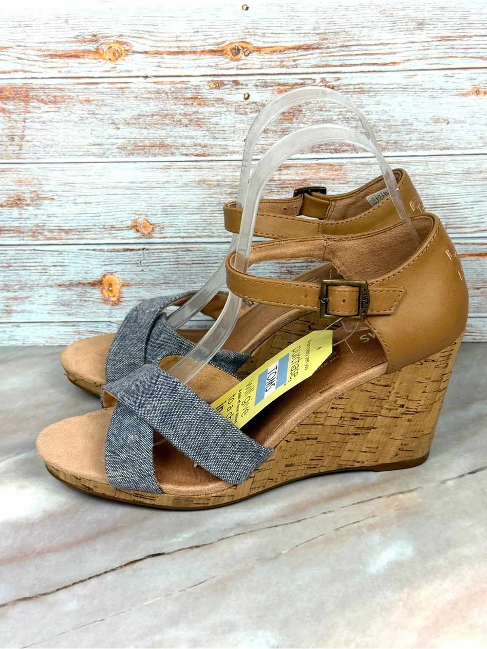 NEW TOMS Sienna Wedge Sandals Chambray Blue and Tan Cork Wedge Platform